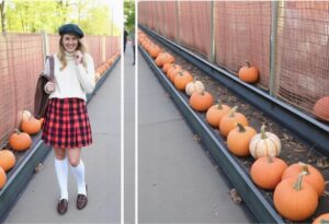 Plaid Skirt and TurtleneckPlaid is a quintessential autumnal print. Pair a plaid skirt with a solid color turtleneck, knee-high socks, and comfy loafers. This outfit is both playful and perfect for a day out picking pumpkins.